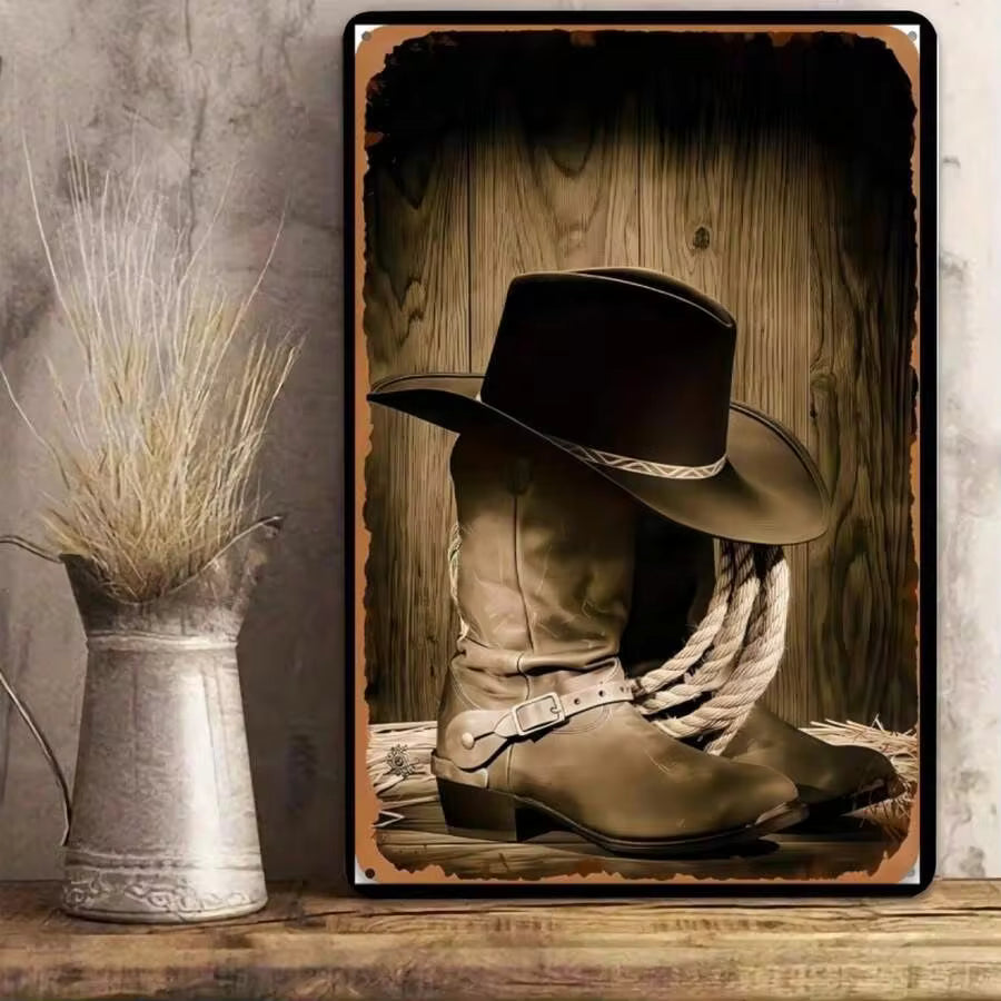 Vintage Cowboy Boot Hat Tin Sign Western Style Tee Men Women Rustic Rodeo Apparel Country Music Concert Outfit Tin Sign Sleeve Cowboy Cowgirl Gifts Iron Artwork Tinplate Decor Wall Art Home Decor